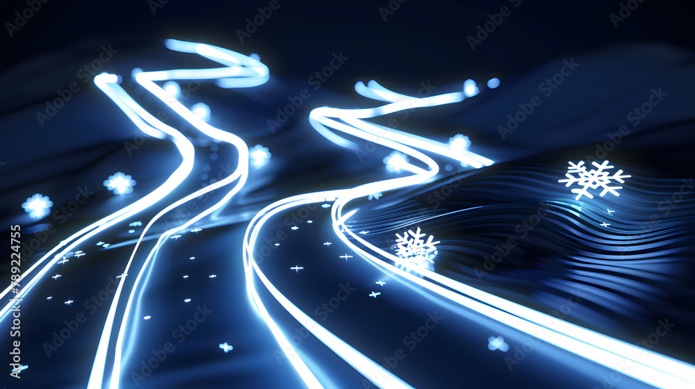 3D render of a ski slope with white snowflakes and route lines on a dark blue background. vector illustration for ski apps or winter sports services