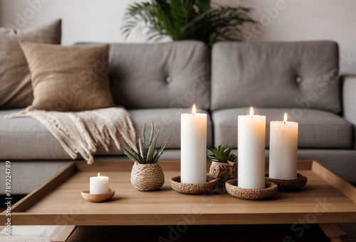 Scented candles and vase with flowers on the coffee table in living room of cozy apartment. Home decor concept.