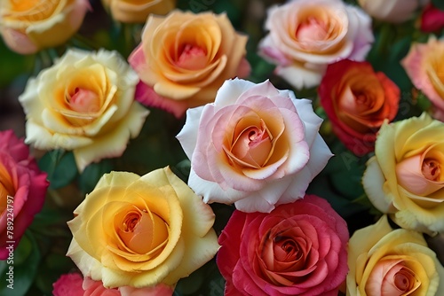 Colorful amazing rose bush. Various colors. On the same rose bush, beautiful rose flowers of various colors grow at the same time. Red and yellow flowers represent a real miracle of nature. Generative