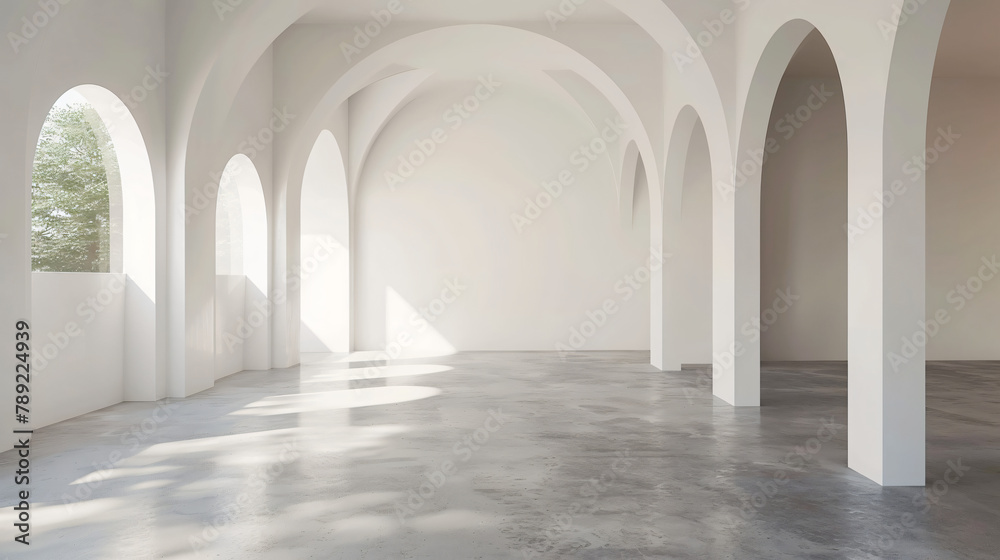 3D rendering of empty home interior with concrete flooR