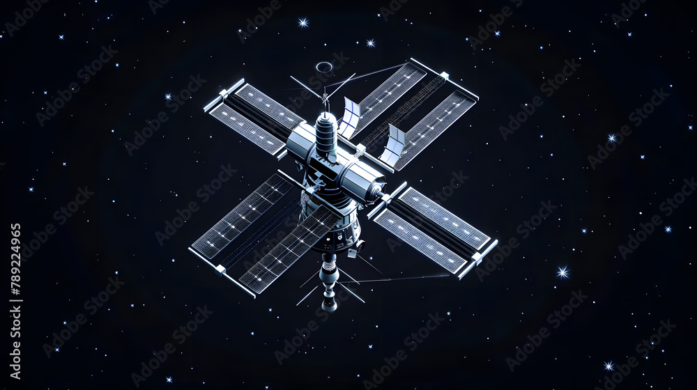 3D render of a space station with silver stars and route lines on a black background. vector illustration for space exploration apps or astronaut training services 3D render of a space station with silver stars and route lines on a black background. vector illustration for space exploration apps or astronaut training services