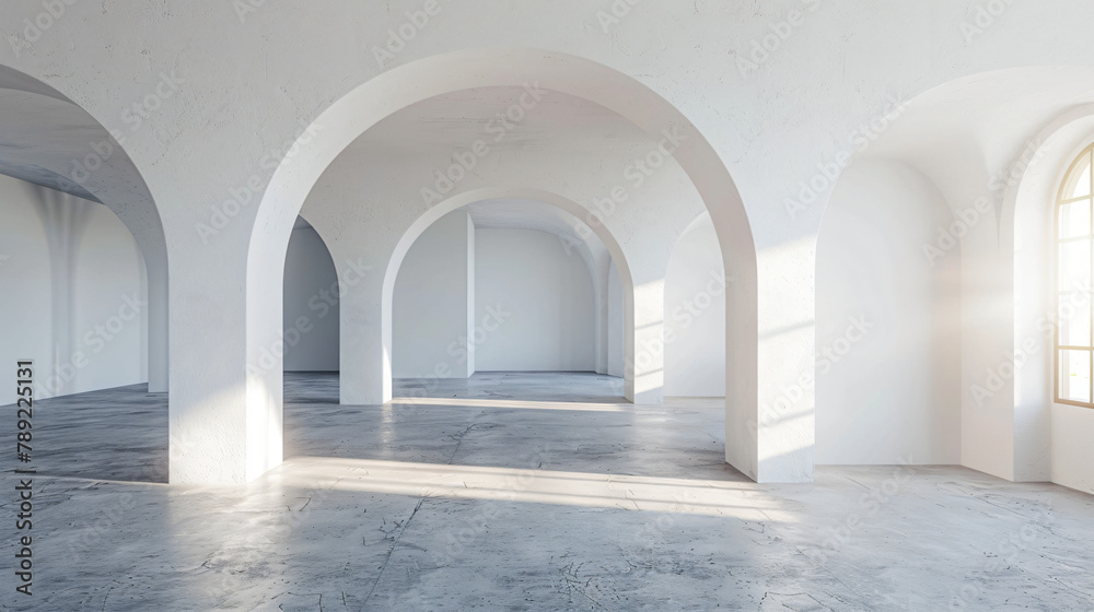 3D rendering of empty home interior with concrete flooR
