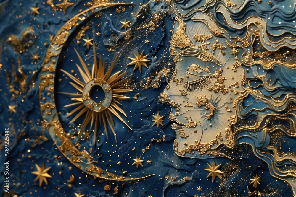Magical portrait of a woman with a crescent moon and gold stars on a blue background Magical portrait of a woman with a crescent moon and gold stars on a blue background