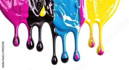 Dripped CMYK Ink Drops in Vibrant Colors - Liquid Paint Drops Isolated for Printing photo