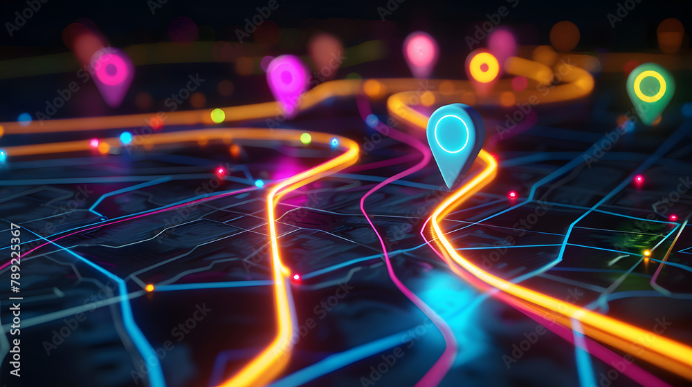 3d render of road with colorful pins and route lines on black background. vector illustration for map applications or vehicle tracking services