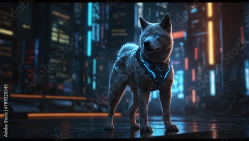 In the dimly lit space of a futuristic metropolis stands a cyber pet Akita photo