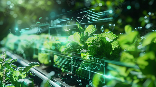 A field of green plants with a digital screen showing graphs and numbers. Concept of modern agriculture and the use of technology to monitor and improve crop growth. The scene is one of progress