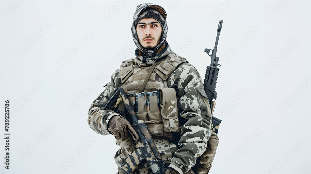 Young male soldier in combat uniform and tactical gear posing against a plain background. Young male soldier in combat uniform and tactical gear posing against a plain background.