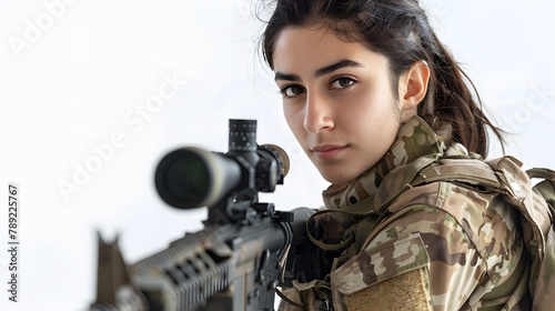 Focused female soldier aiming a riflescope in military gear, representing strength and precision. photo