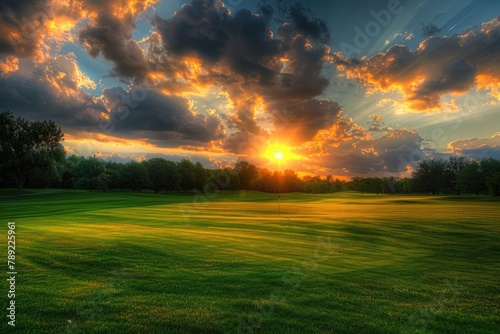 Golf Course Sunset Landscape with Dramatic Sky and Lush Green Grass. A Perfect Summer Evening on the Field © Web