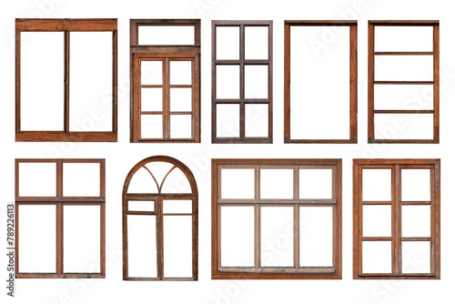 Old brown window frames, different shapes isolated on white background.