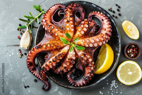 Grilled Octopus Delight - Fresh and Flavorful Seafood Dish Served with Spices and Lemon on a Gray Background - Perfect for Food and Sea Lovers