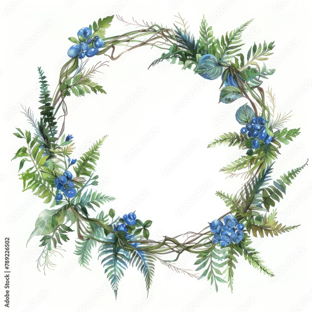 Indigo Blue Ivy Circle Wreath Frame - Hand Painted Watercolor of Floral Garden Leaves and Ferns