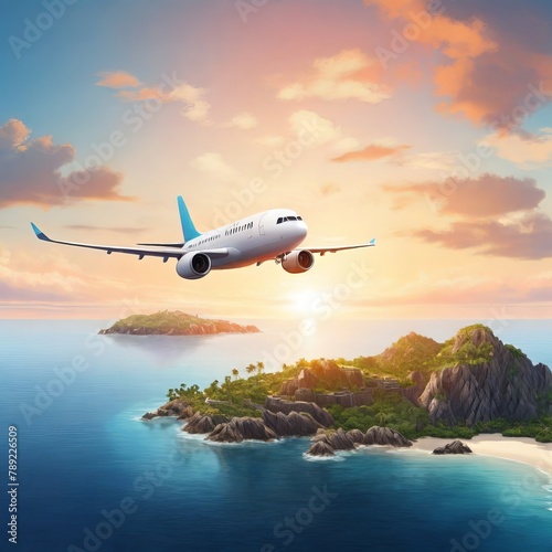 airplane is flying above the scene, sea, island, cartoon