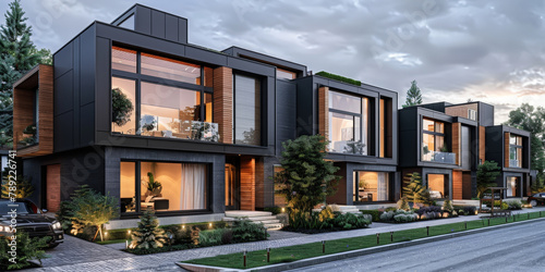 a tight cluster of modern townhouses in black slim panels with wood accents in the style of a minimalist design