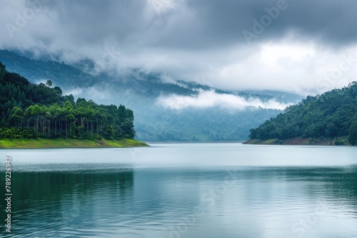 Majestic Watershed of Mae Guang Dam Reservoir. A Natural Landscape with Towering Hills, Cloudy Skies, and Fresh Waters