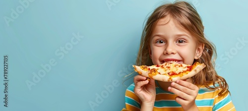 Adorable girl enjoying tasty pizza on soft background  perfect for text  portrait shot