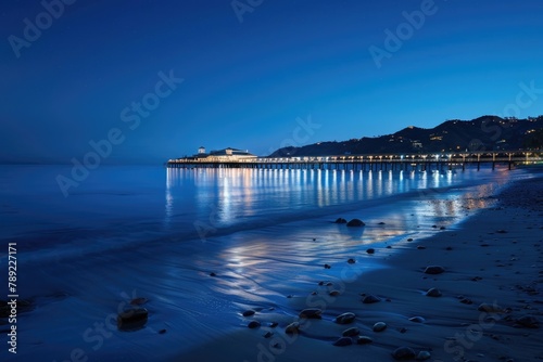 Night-time Scenic Landscape  Illuminated Viewed from Beach at Blue Hour