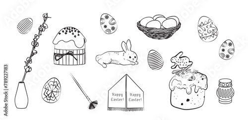 Easter celebration hand drawn set. Hand drawn doodle style sketch of spring religious holiday, background. Krashanky, pysanky, kulichi, rabbit, willow. Easter vector illustration.