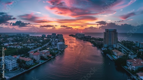 Panoramic Sunset Aerial Drone Shot of City Skyline over Water