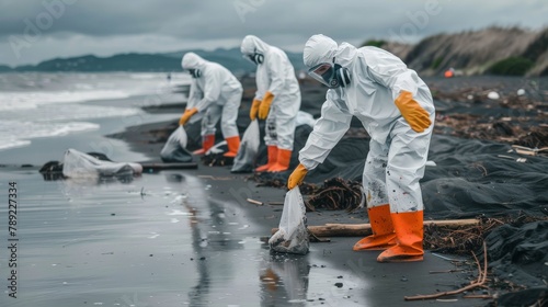 A team of workers in protective gear cleaning up a polluted beach