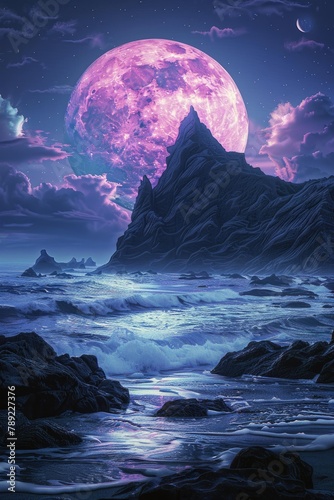 Pastel Moon Landscape Art: Serene Full Moon with Lunar Waves Over Stunning Mountain and Sea View in Night Sky