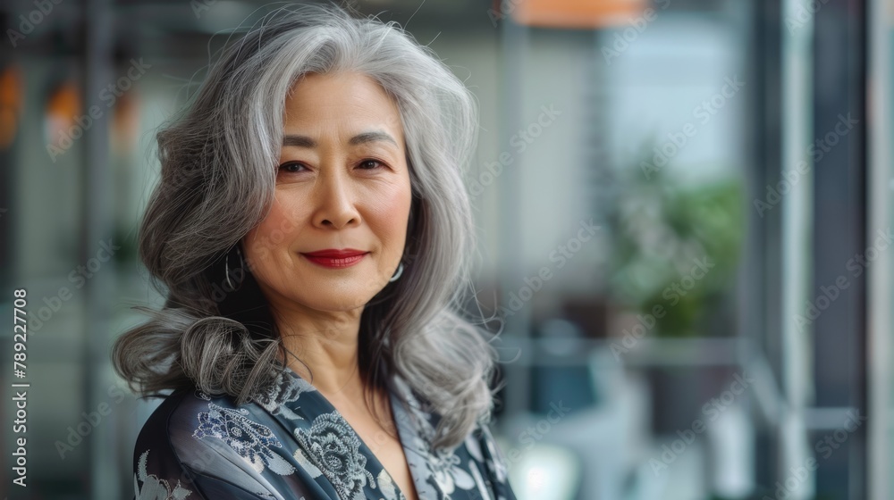 Satisfied Woman CEO Smiling for Camera in Stylish Attire: Portrait of a Charming, Joyful Lady with Middle-aged, Mature Lifestyle Satisfied Woman CEO Smiling for Camera in Stylish Attire: Portrait of a Charming, Joyful Lady with Middle-aged, Mature Lifestyle