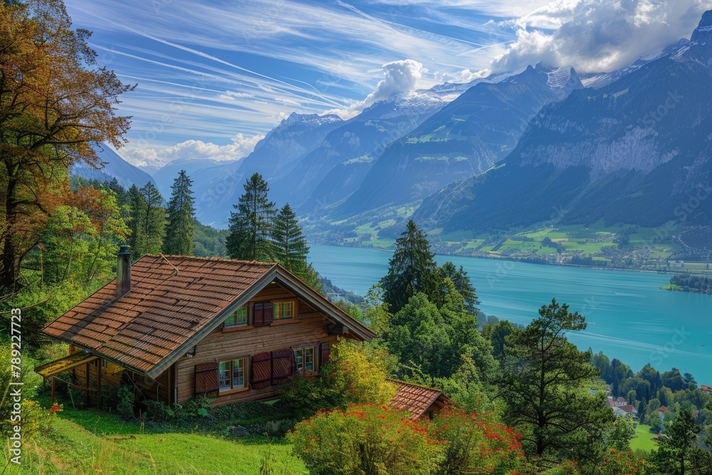 Scenic Horizontal Landscape of Interlaken Valley and Thunersee Lake in the Picturesque Scenic Horizontal Landscape of Interlaken Valley and Thunersee Lake in the Picturesque