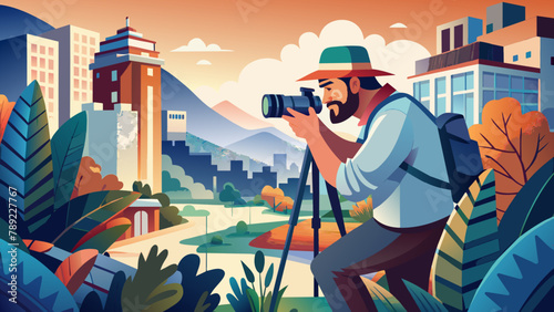 In search of a frame: a photographer with a camera.Hunting for the perfect photo: vector illustration.A moment of inspiration: a photographer with a camera in search of the perfect compositio