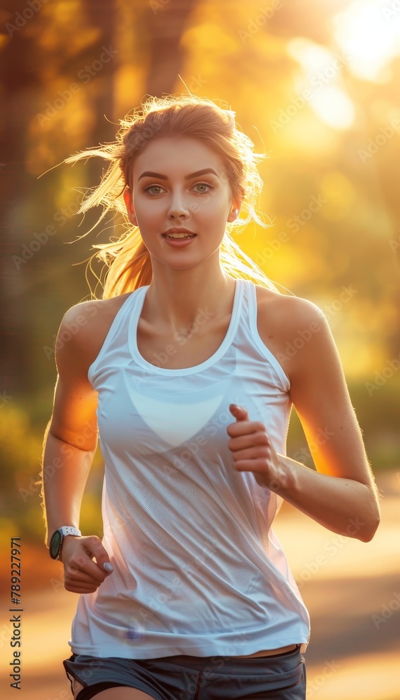 Closeup portrait of a young female runner in the park captured while actively running Closeup portrait of a young female runner in the park captured while actively running