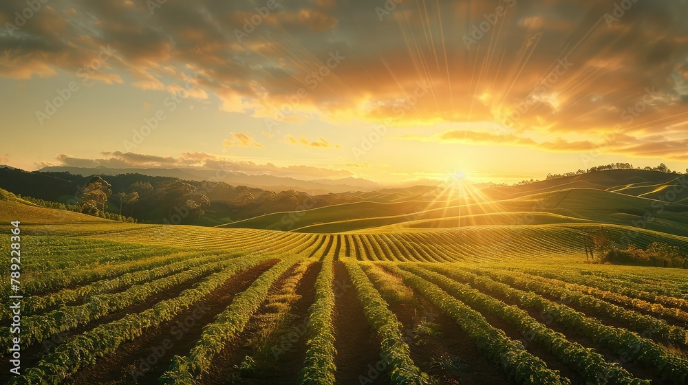 The setting sun casts its golden rays over undulating hills lined with lush, green crop fields, creating a tranquil agricultural tapestry.