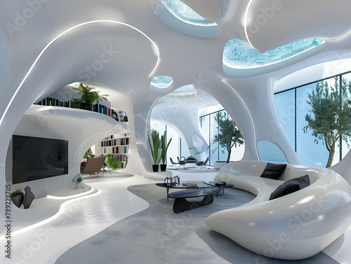 interior design of a living room with library, TV and indoor plants symphony of organic forms, deep ultramarine and pristine whites, mirroring the gentle curves.