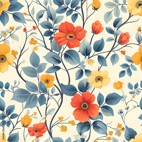 Trendy Floral Background with Vibrant Colors, Modern Seamless Design for Tiles and Colorful Wallpaper, Botanical Garden Blossom Patterns in Decoration, Trendy Fashion, and Summer Bloom Beauty.