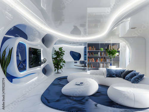 interior design of a living room with library, TV and indoor plants symphony of organic forms, deep ultramarine and pristine whites, mirroring the gentle curves.