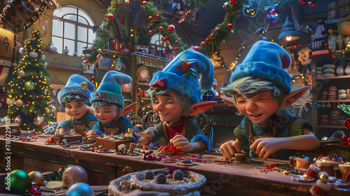 A band of pixies perched at their crafting station in the pixie plant. each fashioning distinct trinkets for the Yuletide. They have blue sharp bonnets on their heads photo