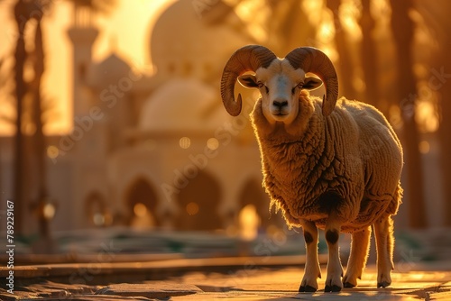 Ramadan Mubarak with a majestic ram in the glow of sunset near a mosque. photo