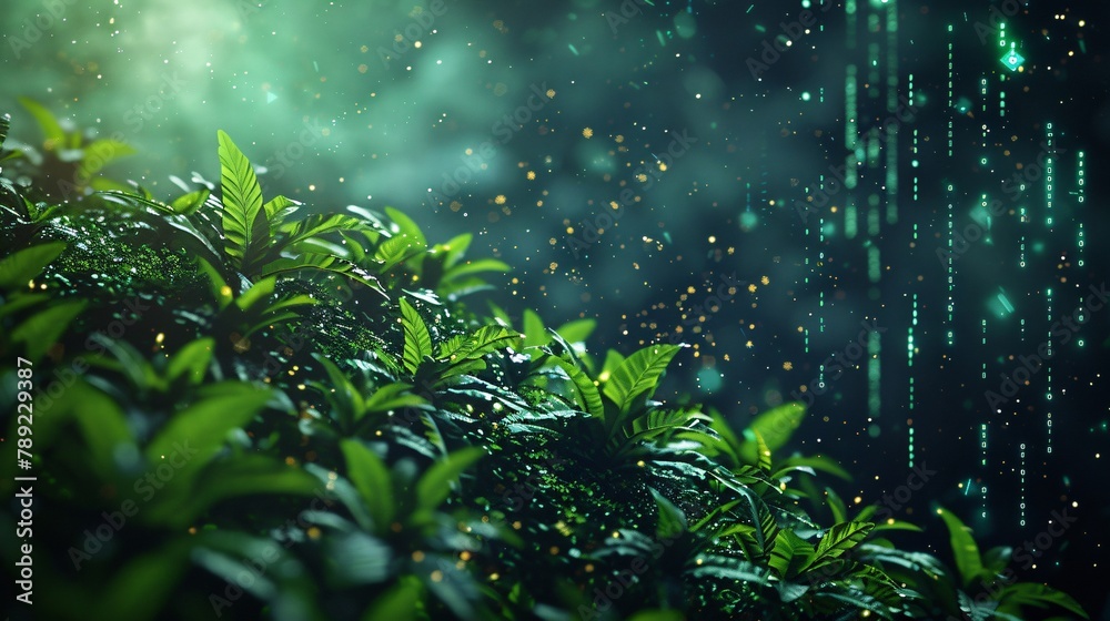 Green plants with dew drops and light rays in the background Green plants with dew drops and light rays in the background