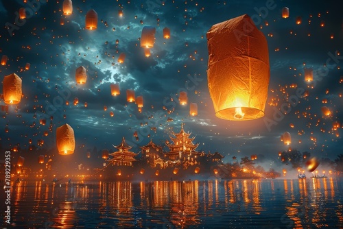 Radiant sky lanterns slowly drifting over an intricate temple complex during a festive night celebration