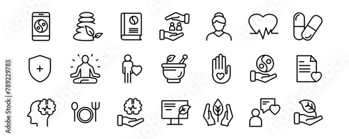 Health and wellness related vector icons collection on white background.