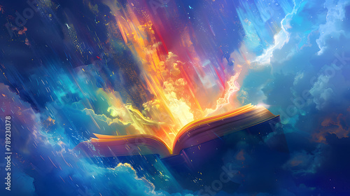A book opening with vibrant rays of knowledge. symbolizing education and wisdom. The deep blue sky enhances the radiant colors of its rays. Contrast is formed by the vast space around it.  photo