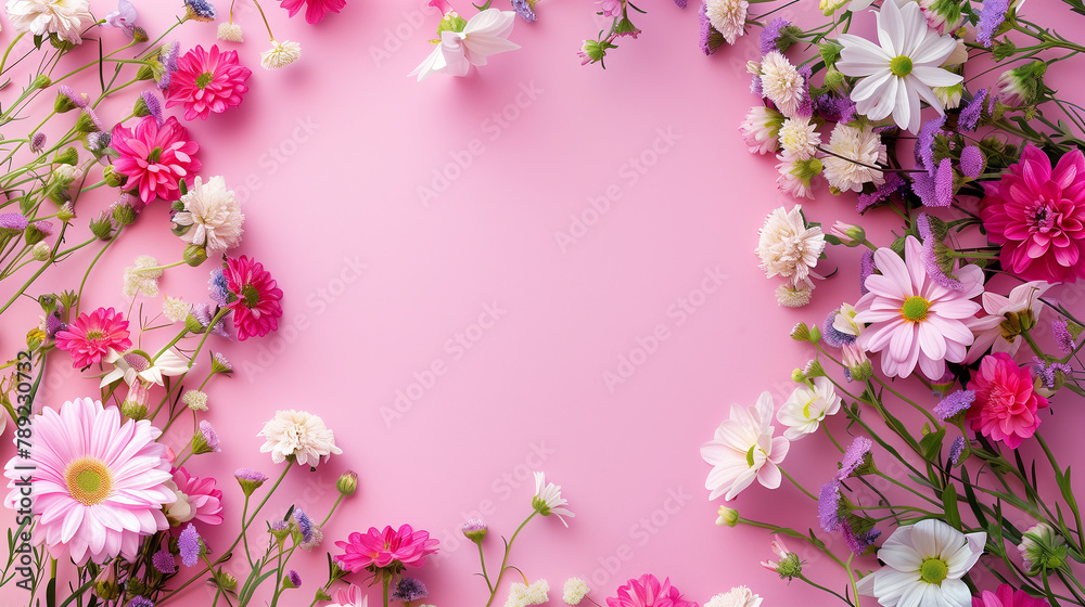 Happy Mother's Day composition with copy space, featuring colorful flowers and a heart shape on a light background. Ai generated