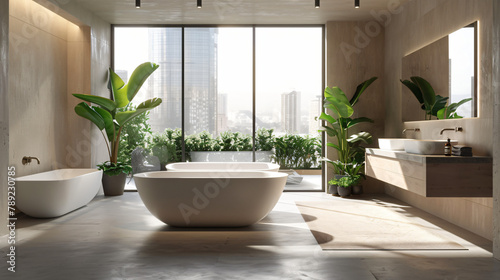 Beige bathroom interior with concrete floor two white bathtubs © Daniel