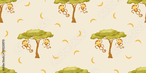 Cute monkeys hanging on tree. Childish background of African jungle animal. Print with macaques and bananas. Watercolor seamless pattern for design kid's goods, cards, postcards, fabric, scrapbook