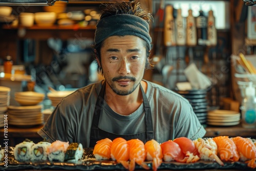 A professional sushi chef with a headband in front of a variety of sushi rolls