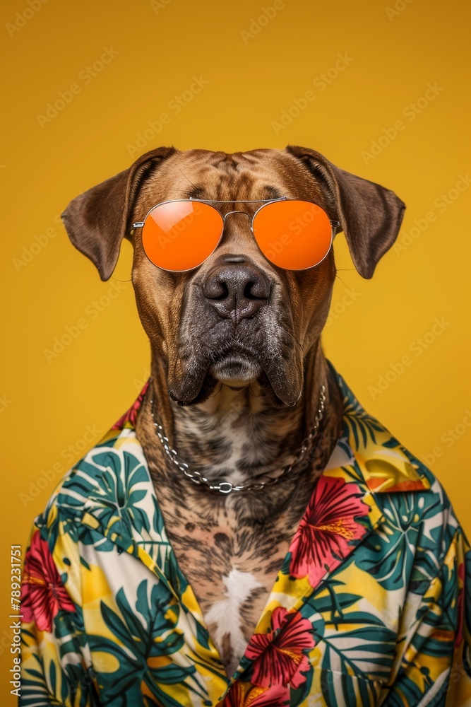Fashionable dog in orange sunglasses and colorful hawaiian shirt exudes style and charm
