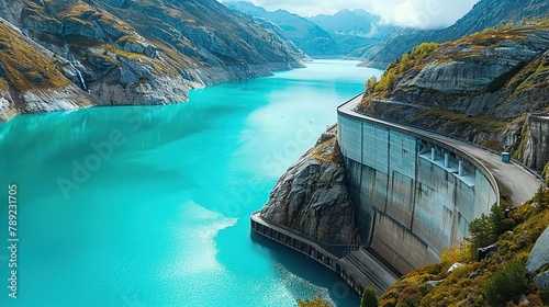 A large concrete dam holding back a bright blue lake in the mountains.

 photo