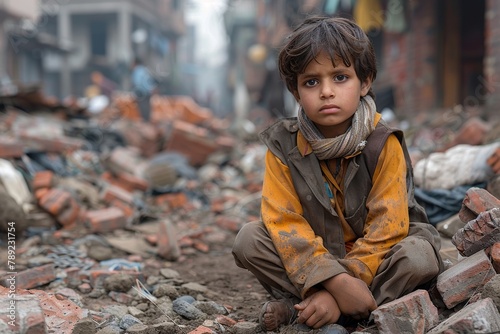 A young boy with a solemn expression sitting on bricks amid destruction