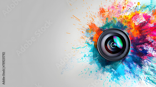 A camera lens capturing a burst of vivid colors. representing creativity and vision. The light grey background intensifies the bright colors of its capture photo