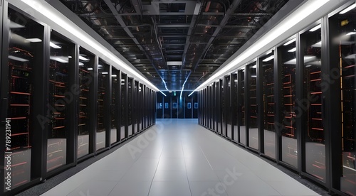 Shot of Corridor in Working Data Center Full of Rack Servers and Supercomputers with High Internet Visualisation Projection