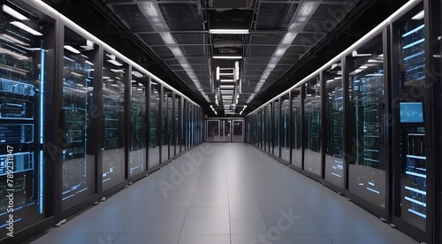 Shot of Corridor in Working Data Center Full of Rack Servers and Supercomputers with High Internet Visualisation Projection